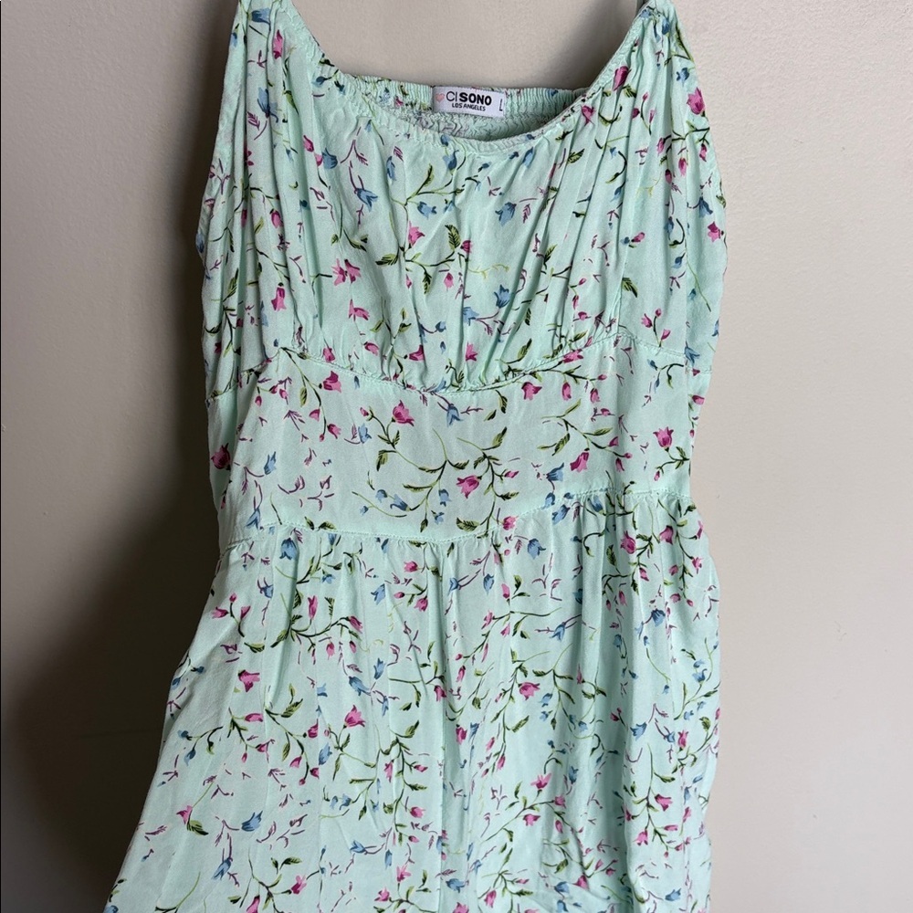 Cisono Floral Mini Dress Green Pink Cottagecore Summer Dress Size L - Picture 3 of 6